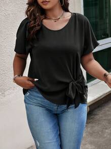 EMERY ROSE 加大尺碼純色圓領打結前衣 - 黑色 - 查看 4