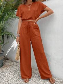 SHEIN Frenchy Women's Pants Set Loose Texture Solid Color Casual Two Pieces Suit Earthy Clothes Christmas Summer - Redwood - View 6