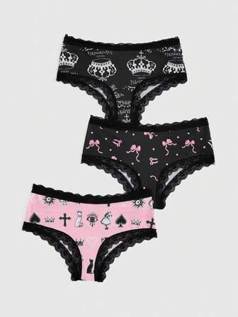 Kawaii 3pcs/Set Lace Trim Crown & Bowknot Pattern Printed Triangle Panties