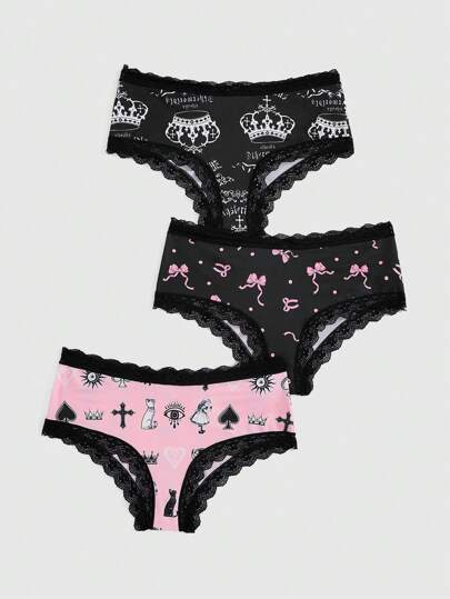 Kawaii 3pcs/Set Lace Trim Crown & Bowknot Pattern Printed Triangle Panties