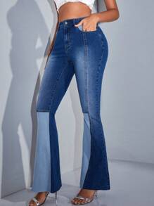 SHEIN BAE Women's Stretch High Waist Patchwork Denim Flared Pants&Summer Clothes&Festival Outfits - Blue - View 6