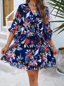 PoPoHouse 女士夏季连衣裙，透气舒适，轻盈飘逸，印花荷叶边下摆和喇叭袖设计，腰带款式，适合日常通勤和度假穿着，优雅时尚，女士春夏沙滩裙 黑色 - 黑色 - 查看 5