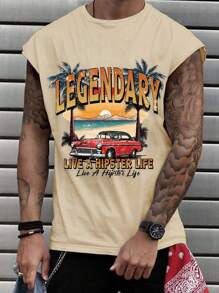 Manfinity RSRT Men's Summer Seaside Scenery & Letter Print Wide Strap Tank Top - Khaki - View 1