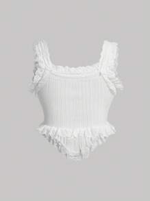 SHEIN MOD Plus Cropped White Lace Rib Knit Top For Women Summer Daily - White - View 2