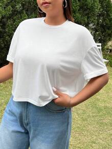SHEIN EZwear Plus Size Summer Casual Short Cropped White T-Shirt - White - View 5