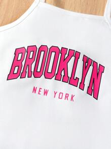 SHEIN 年輕女孩休閒運動圓領短孔背心和字母印花肩帶連衣裙夏季套裝 - 玫紅色 - 查看 3