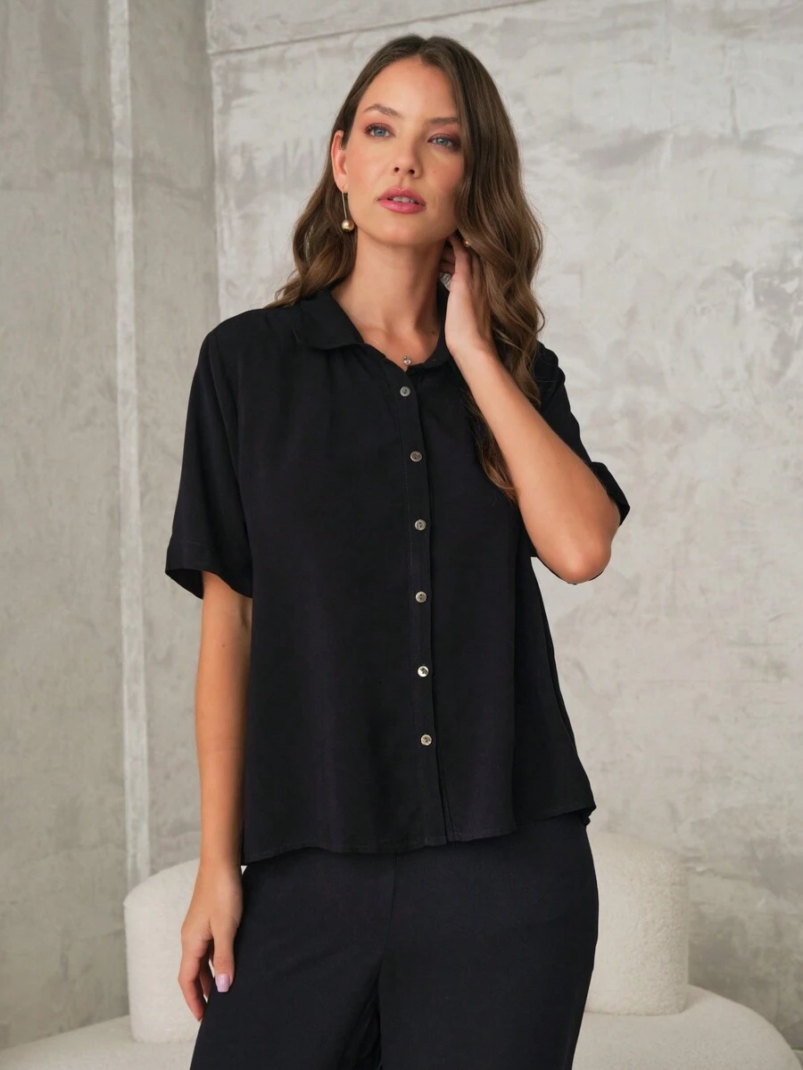 SHE(IN) BRASIL Conjunto De Camisa Y Pantalón Fluido - Negro - Ver 1