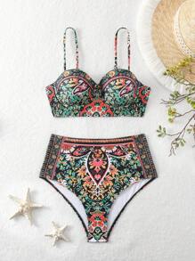 SHEIN Swim 女性熱帶植物印花比基尼套裝,適合度假使用 - 彩色 - 查看 8