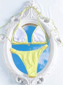 Swim Mod Solid Color Textured Halter Neck Bikini Set - Two-Piece , Summer Beach - Yellow - View 2