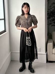FRIFUL Women's Long Leopard Print Patchwork 2 In 1 Dress Sundress Maxi Dress - Black - View 2