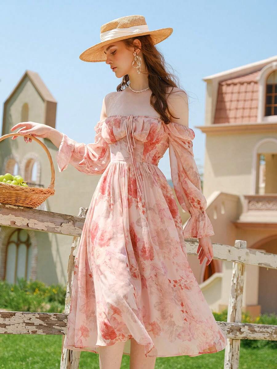 Đầm Xù Dây kéo Nếp gấp Phần Ngực Hoa Boho