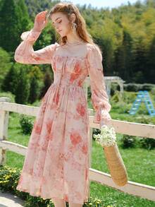 Đầm Xù Dây kéo Nếp gấp Phần Ngực Hoa Boho - Hồng - Xem 6