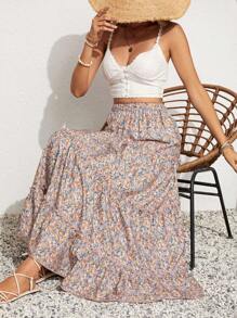 SHEIN VCAY Women's Ditsy Floral Long Skirt For Holiday - Multicolor - View 6