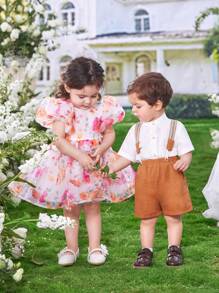 SHEIN Baby Girl Vacation Princess Sleeves Flower & Organza Printed Fluffy Dress - White - View 2