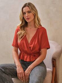 SHEIN 女士短袖襯衫,有褶邊和前蝴蝶結 - 紅木色 - 查看 5