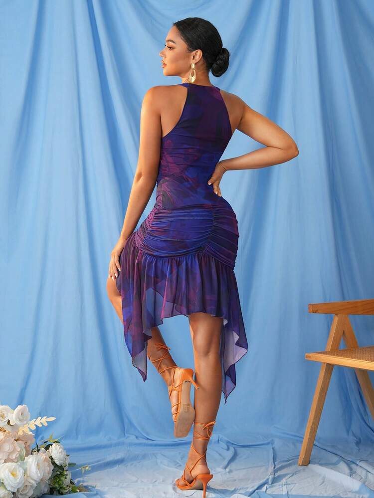 Designer Deep V Floral Flower Printed Asymmetric Ruffle Dress, Sundress Summer Elegant Dress, Sundress Holiday, Party Outfit, Birthday Outfits, Festival, Wedding, Prom Dress, Brunch Outfits, Tea Party Dress