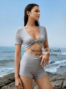 柔軟舒適的混色扭結前開睡眠T卹 - 淺灰色 - 查看 2