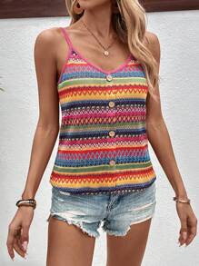 Breezaya Women's Color Block Braided Texture Buttoned Tank Top, Perfect For Summer And Vacation - Multicolor - View 4