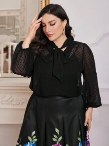 Modelyn 大尺寸女士優雅網紗燈籠袖領帶上衣和春夏季花卉印花裙 - 黑色 - 查看 3