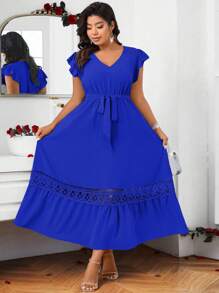 Cravure Plus Size Solid Color Lace Patchwork Ruffle Hem Dress For Summer Maxi Women Outfit Wedding