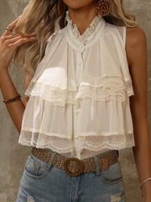 SHEIN VCAY Blusa casual de mujer de gasa con pliegues y encaje, sin mangas, de unicolor, para primavera/verano - Albaricoque - Ver 1