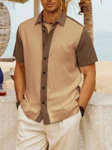 Manfinity Homme 男士撞色图案趣味短袖领衬衫，适合爸爸和我，外出，爸爸 - 卡其色 - 查看 4