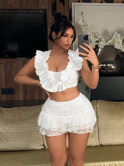 SHEIN SXY Stretchy Flowy Comfy White Prom Pastel Party Elegant Fairy Wedding Rave Clothes Mini  Spring Formal  Women Outfits  Elegant White Lace Hem Shorts For Summer