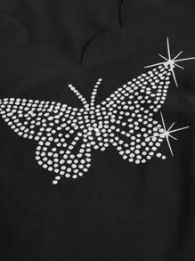 SHEIN LUNE Butterfly And Rhinestone Design Mesh Sleeve With Scallop V Neck Dress Fall Cloth For Women - Black - View 4