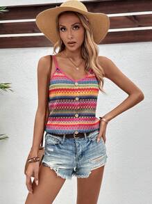 Breezaya Women's Color Block Braided Texture Buttoned Tank Top, Perfect For Summer And Vacation - Multicolor - View 5
