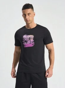 Manfinity Sport Corelite 男友风男士夏季休闲椰子树印花短袖运动T恤 - 黑色 - 查看 6