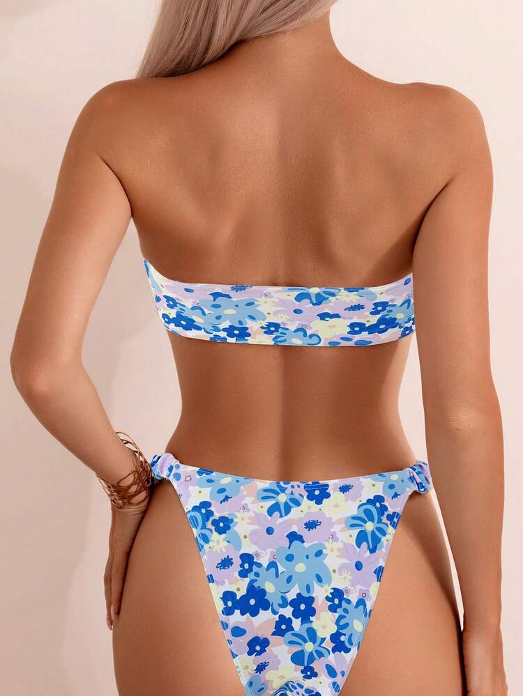 Summer Floral Print Bandeau Bikini Set For Women, Random Print For Beach Vacations