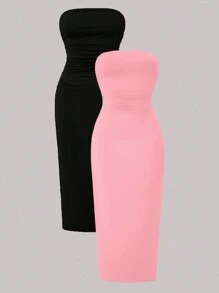 Chiquease Ladies' 2pcs Solid Color Pencil Dress With Pleated Bust Maxi Women Outfit - Pink - View 2
