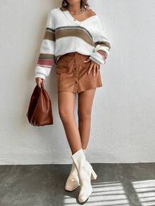 EURMUSE Color Block V Neck Drop Shoulder Sweater - Multicolor - View 6