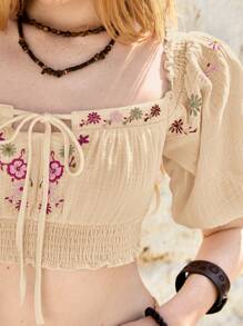 Bohemela Oberteil Mit Blumenstickerei Im Urlaubsstil Mit Abgeschnittenen Schulterfreiem Ausschnitt