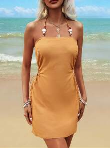 Breezaya Summer Strapless Beaded Splicing Holiday Women's Dress - Yellow - View 1