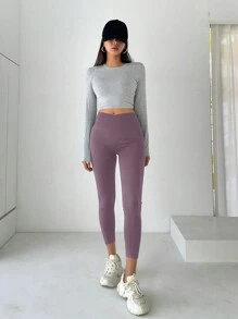 DAZY 女式時尚純色舒適貼身緊身褲 - 紫色 - 查看 3