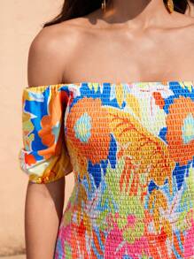 GENKIRA Ladies' Holiday Style Off Shoulder Printed Dress With Random Pattern - Multicolor - View 8