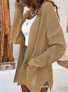 EMERY ROSE 女式雙口袋休閒春季開衫,開放式前裝和下垂式設計 - 駝色 - 查看 5