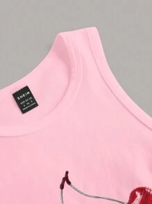 SHEIN EZwear 粉色短款休閒櫻桃圖案圓領修身女背心，適用於夏季 - 粉色 - 查看 3