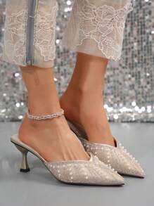 Spring Autumn New Korean Style Simple Rhinestone & Faux Pearl Pointed Toe High Heel Shoes, Rhinestone Women's Stiletto Mules Suitable For Business, Commuting, Party,Elegant,Women Pumps,Elegant - Champagne - View 3