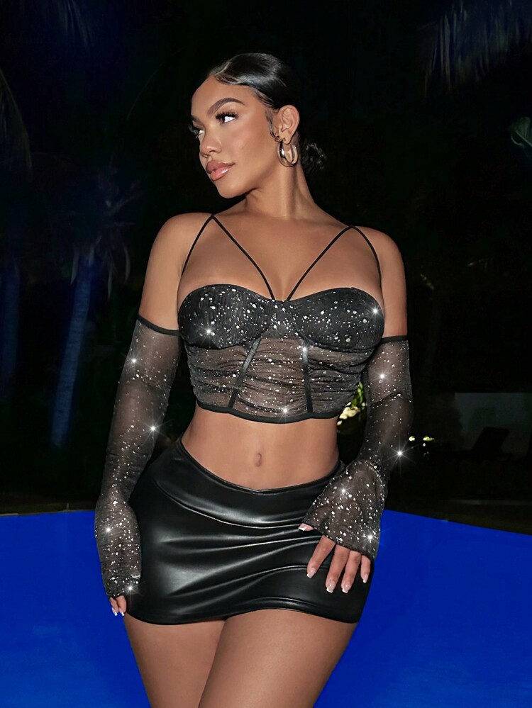 Zolique Women's Summer Open Shoulder Rhinestone Embellished Long Sleeve Cropped Top, Perfect For Parties - Black - View 3