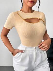 SHEIN Privé Women's Yellow Beaded Ribbon Scoop Design Summer Short T-Shirt - Yellow - View 4