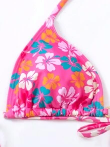 SHEIN Swim Summer Beach Floral Print Halter Bikini Top - Hot Pink - View 5