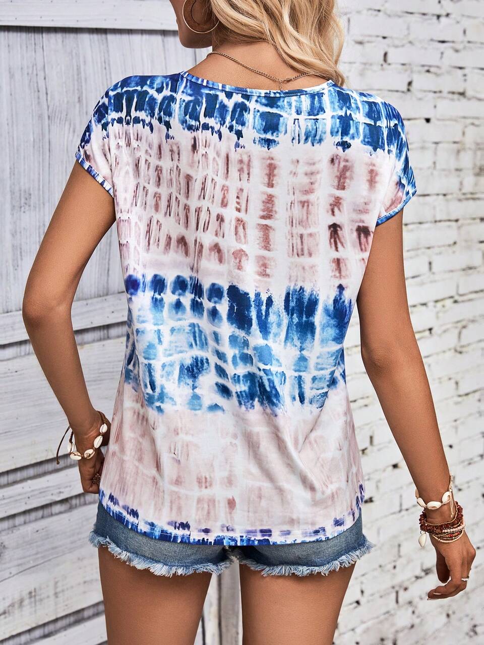 Women's Summer Tie Dye V-Neck Batwing Sleeve Casual T-Shirt