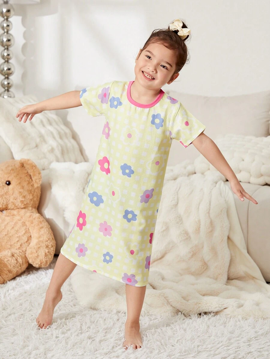 年輕少女可愛的方格紋短袖睡衣連花印圓領設計 - 黃色 - 查看 1