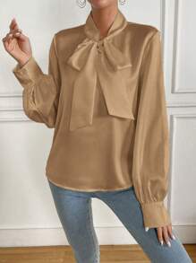 Chiquease 女士春季休閒打結領長袖衫 - 卡其色 - 查看 5