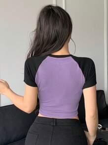 DAZY 女士夏季色塊圓領寬鬆短袖短身修身t卹 - 紫羅蘭色 - 查看 2