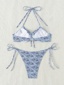SHEIN Swim Women's Halter Floral Print Bikini Set For Holiday, With Neck Tie And Separated Bottom Summer