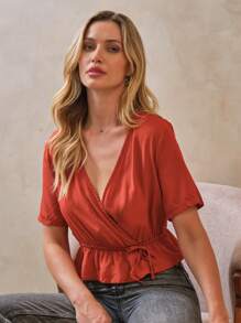 SHEIN 女士短袖襯衫,有褶邊和前蝴蝶結 - 紅木色 - 查看 2