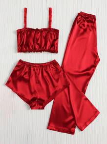 3件套家居服吊带背心、短裤和长裤、睡衣套装 - 酒紅色 - 查看 4